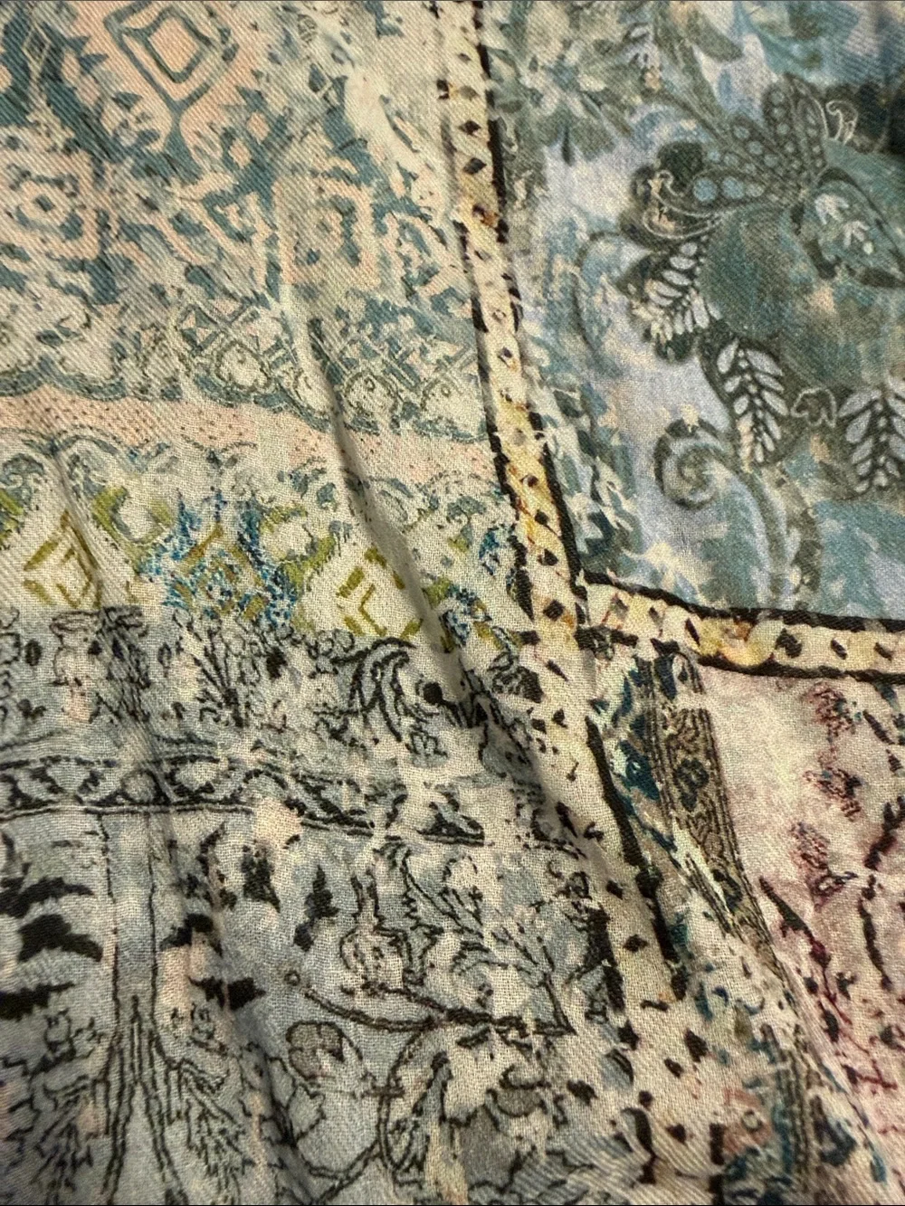 J.Jill Lightweight Floral Patchwork Scarf in Pastel Blues and Cream India Cotton